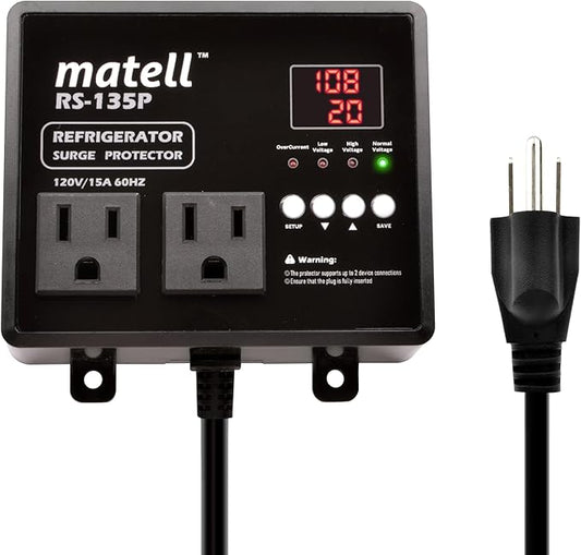 matell Refrigerator Surge Protector, Double Outlet Voltage and Current Protector for Home Appliances with Time Delay, Spike, Instant Surge All Voltage Abnormalities,Protects Against Brownout