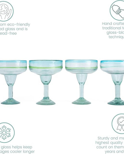 MyCajita Mexican Glassware, Aqua Rims 16oz Margarita Glasses, Set of 4 Unique Hand Blown Glass, Handcrafted by Talented Artisans Thick & Sturdy Easy to hold