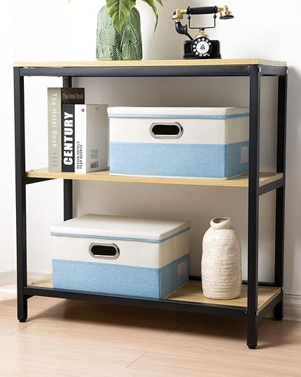 PRANDOM Collapsible Storage Bin with Lid [3-Pack] Fabric Foldable Storage Box Organizer Container Basket Cube with Cover for Home Bedroom Closet Office Nursery Blue&Cream(14.9x9.8x9.8)