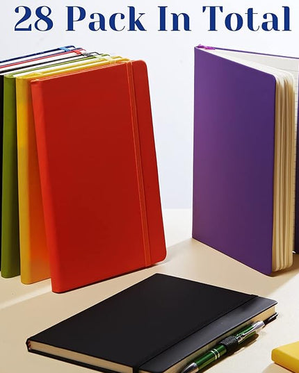 28 Pack Lined Notebook Journal Bulk A5 Hardcover Notebook PU Leather College Ruled Notepad 5.5 x 8.2 Inch Ruled Lined Journal Set With Pen Holder for School Business Work Travel Writing(Mixed Color)