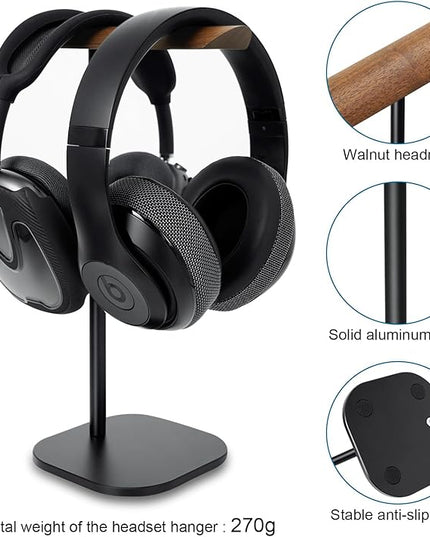 Gvoears Upgraded Headphone Stand, Walnut Wood Headphone Stands Headset Holder for Desk, Support Dual Headsets Suspension, Aluminum Alloy Support Rod Hanger, Dual Headphones Stand with Great Stablity