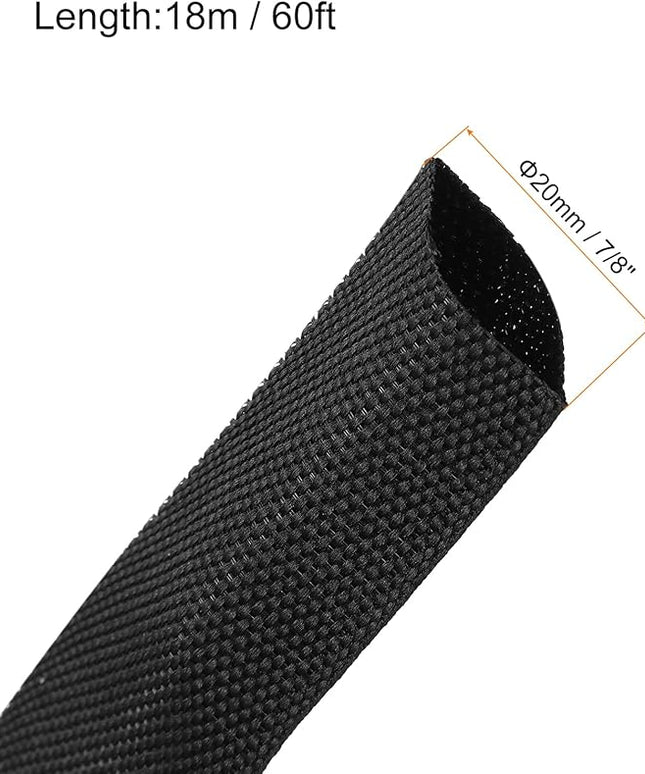 MECCANIXITY Braided Cable Sleeves Heat Shrinkable Fabric Sleeving, 7/8" 60ft Black 2:1 Ratio Heat Shrinkable Cord Protector for Harness Cable, Network Cable Protection, Cable Management