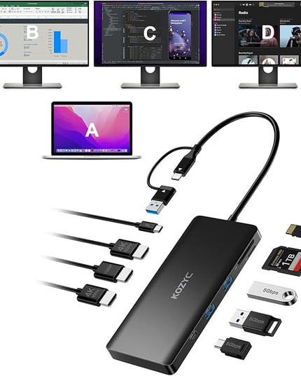 USB C Docking Station 3 Monitors Compatible with Mac/Windows, KOZYC Triple Display Docking Station with 3xHDMI(4k60Hz/30Hz+1080p), 3xUSB 3.0, SD/TF, 100W PD with HDMI Splitter Extend Display 3 Monitor