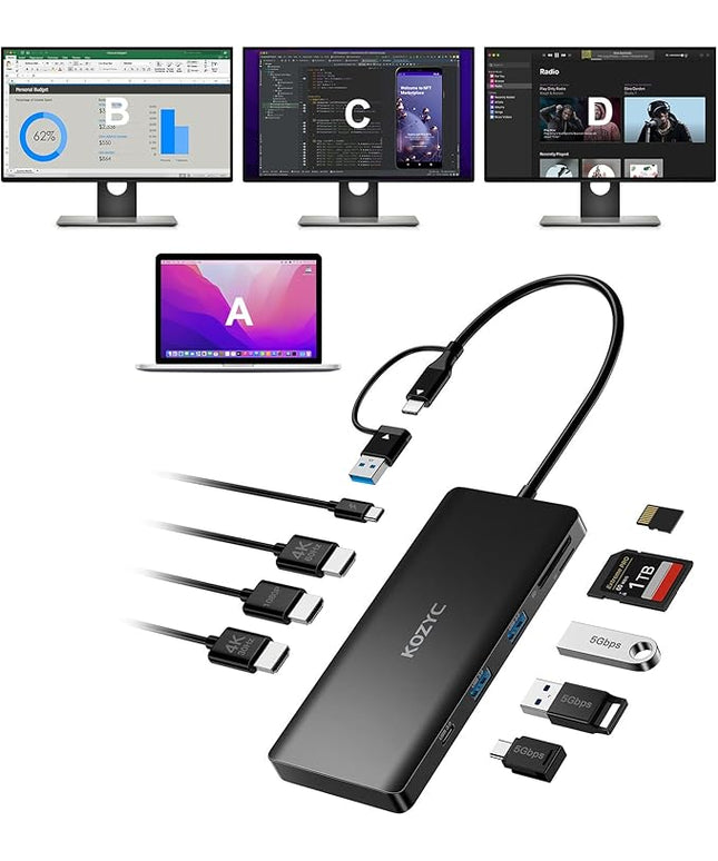 USB C Docking Station 3 Monitors Compatible with Mac/Windows, KOZYC Triple Display Docking Station with 3xHDMI(4k60Hz/30Hz+1080p), 3xUSB 3.0, SD/TF, 100W PD with HDMI Splitter Extend Display 3 Monitor
