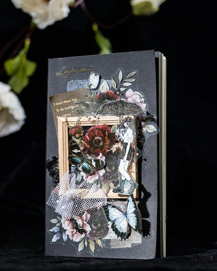AuriicLeaf Blooming in The Dark Night PET Stickers, 120 Pcs Gothic Dark Floral Stickers for Scrapbooking, Journaling, Collage Supplies, and DIY Crafts