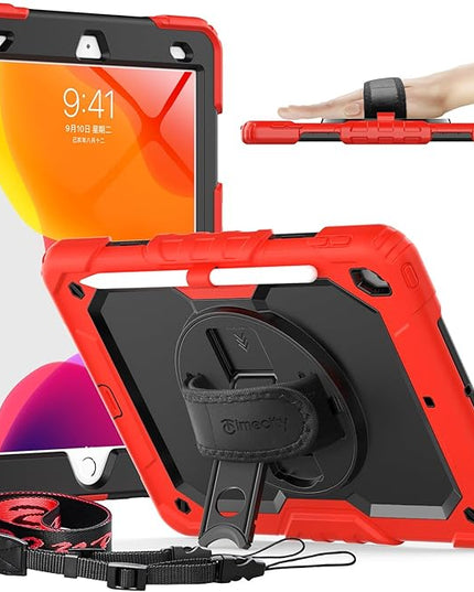 Timecity Case for iPad 9th/ 8th/ 7th Generation 10.2 inch - Heavy Duty Protective Cover with Screen Protector, Rotating Stand, Shoulder Strap & Pencil Holder | Kids-Friendly (Red)