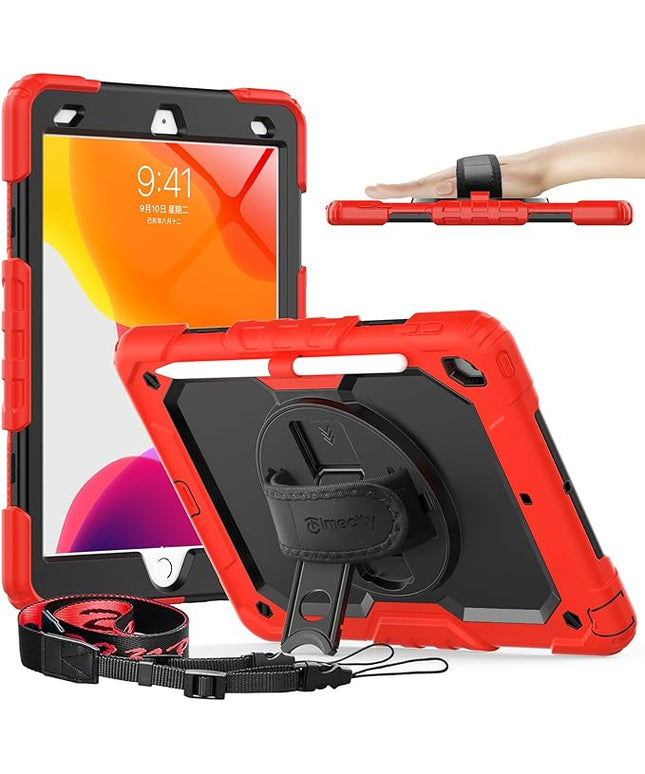 Timecity Case for iPad 9th/ 8th/ 7th Generation 10.2 inch - Heavy Duty Protective Cover with Screen Protector, Rotating Stand, Shoulder Strap & Pencil Holder | Kids-Friendly (Red)
