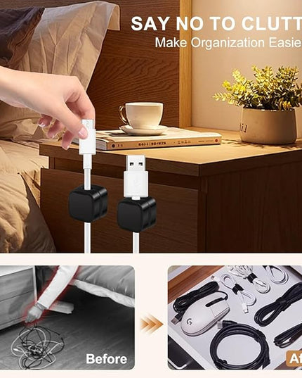 8 Pack Magnetic Cable Clips Cord Holder With Free 0.39*196 Inch Cut - To - Size Binding Tape For Cord Management | Adhesive Cable Organizer For Home, Office, Car - Hide Phone Charging Cables, Desk Use