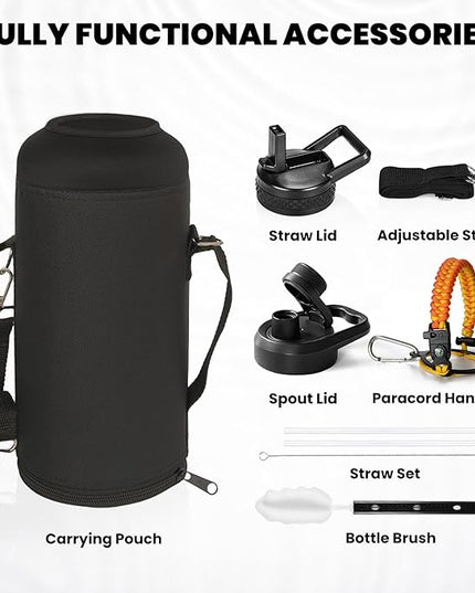 Insulated Water Bottle 87 oz, Triple Wall Vacuum Stainless Steel (Cold for 48 Hrs), Leak Proof & Non-BPA, Modern Water Flask Jug with Paracord Handle & Straw Spout Lids, Ombre Orange