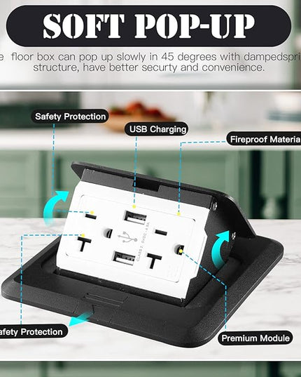 Hoolerry 4 Pack Pop up Floor Electrical Outlet Cover Box Kit with 4.8A USB Charger 20Amp Waterproof Weatherproof Floor Tamper Resistant Outlet Receptacle for Countertop Home (Black)