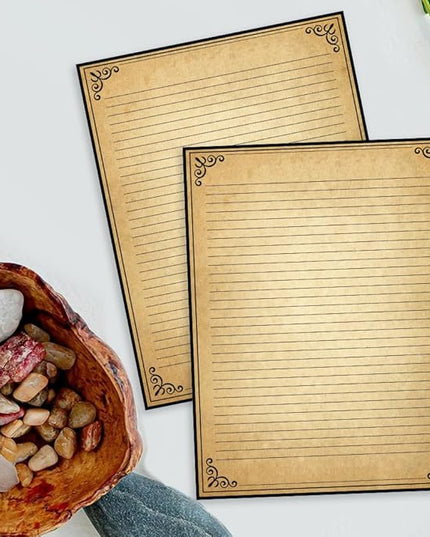 Vintage Lined Paper with Antique Border Design, 100 Sheets, Stationary Paper for Writing Letters, 100gsm, 11 x 8.5'', Aged Stationery for Writing Letters, Invitations, Stationery Writing Papers