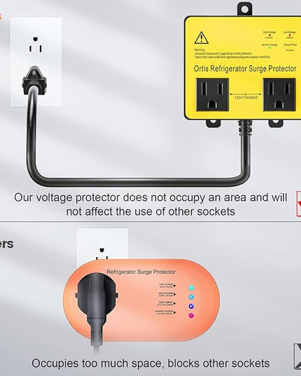 Refrigerator Surge Protector, Ortis Double Outlet Voltage Protector for Home Appliances with Time Delay, 5ft Power Cord, Protects Against Brownout, Spike, Instant Surge All Voltage Abnormalities