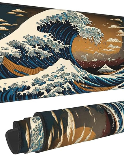 Big Japanese Wave Gaming Mouse Pad XL, Large Non Slip Rubber Mousepad, Stitched Edges Mouse Pads, Long Extended Mouse Pad,31.5'' X 11.8''