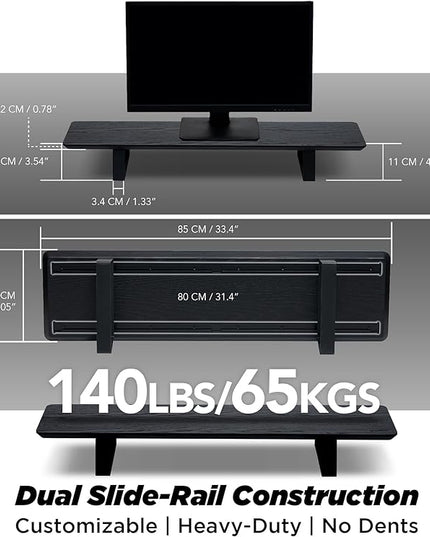 Moodular Wooden Monitor Stand 33.4” (85cm) Desk Organizer with Metal Slide Rails for Drawer, Tray, Laptop, Tablet, Phone & Headphones Customizable Riser for Organized Workspace Black MS85-B