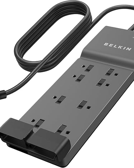 Belkin Power Strip Surge Protector with 8 Outlets, 6 ft Long Flat Plug Heavy Duty Extension Cord + Overload Protection for Home, Office, Travel, Compuer Desktop & Phone Charging Brick (3,550 Joules)