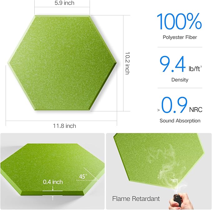 18 Pack Self-Adhesive Acoustic Panels 12" X 10" X 0.4" - Sound Proof Foam Panels for Wall with High Density, Hexagon Design, Flame Resistant, Absorb Noise and Eliminate Echoes(Olive Drab)