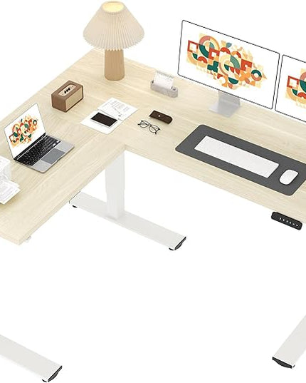 SANODESK L Shaped Standing Desk Adjustable Height, Electric Corner Standing Desk, 63 x 55 inch Sit Stand Computer Table with Splice Board, Maple