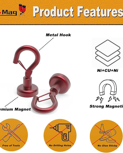 Ant Mag Magnetic Hooks Heavy Duty with Snap 22lbs Strong Red Magnet Hooks Great Hanging for Refrigerator, Cruise Cabin, Grill, Wreath,Kitchen,Office 8 Pack