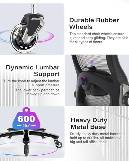 600lbs Big and Tall Office Chair- Heavy Duty Executive Computer Chair with 3D Flip Arms Large Wheels, Ergonomic Mesh High Back Desk Chair, Extra Wide Seat Adjustable Lumbar Support&Headrest