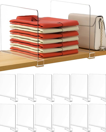 HBlife 12 Inches Tall [Extra Tall Version] Clear Shelf Dividers, 12 Pack Purse Organizer for Closet Perfect for Sweater, Shirts, Handbags, Acrylic Adjustable Bookshelf for Organization