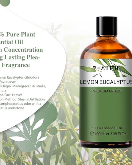 Lemon Eucalyptus 3.38fl.oz Essential Oil, PHATOIL Pure Aromatherapy Oils for Diffuser, Humidifier, Perfect for DIY Soap, Candle, Bath Bombs Making(100ml)