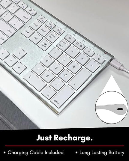 Macally Wireless Bluetooth Keyboard for Mac - Compatible Apple Keyboard or MacBook Pro/Air, iMac - Multi-Device, Up to 3 Devices with 110 Keys, 20 Shortcuts, Numeric Keypad, and Rechargeable - Silver