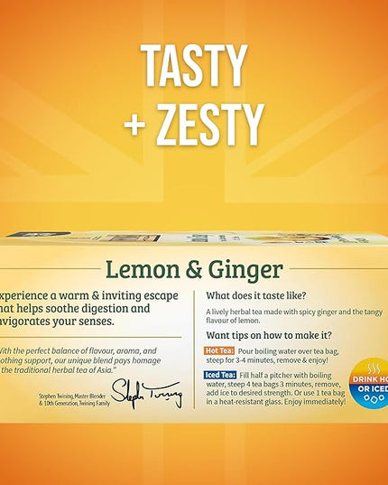 Twinings Lemon & Ginger Herbal Tea Individually Wrapped Bags, 100 Count (Pack of 1), Tangy Lemon, Spicy Ginger, Naturally Caffeine-Free, Enjoy Hot or Iced, 100 Teabags