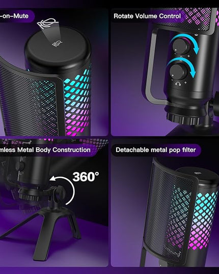 ZealSound Podcast Microphone for PC/Mac/iPhone/Phone – 96kHz/24bit USB Condenser Mic with Noise Reduction, Tap-to-Mute, Gain Control, Zero-Latency Monitor, RGB Light for Streaming, Gaming, Recording