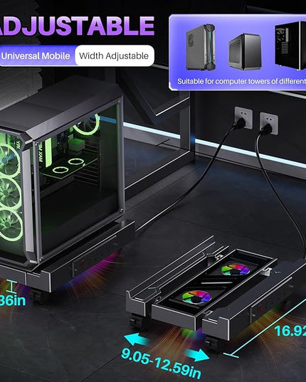 Computer Tower Stand with Charging Station, Cooler Fan and Light, Adjustable PC Stand for Floor, Mobile CPU Stand with 4 Caster Wheels, Under Desk CPU Holder Fits Most PC Tower