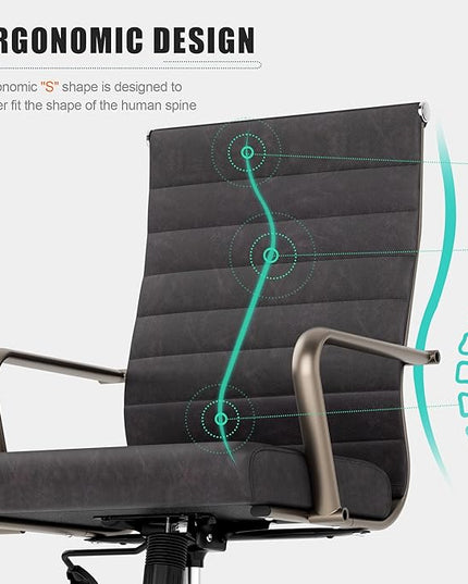 Okeysen Leather Office Desk Chair, Ergonomic Mid Century Modern Conference Room Chairs, Executive Ribbed Height Adjustable Swivel Rolling Chair for Home Office.