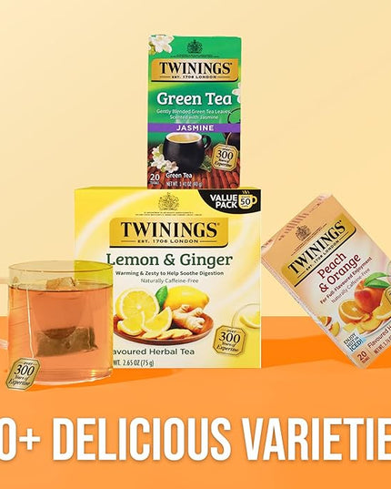 Twinings Peach & Orange Herbal Tea Individually Wrapped Bags, 20 Count (Pack of 1), Juicy & Fruity, Naturally Caffeine-Free, Enjoy Hot or Iced, 20 Teabags