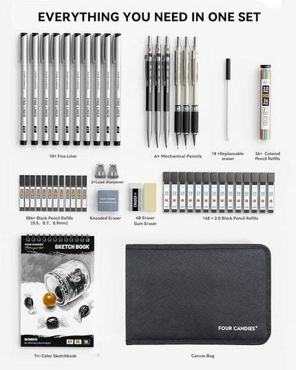 Four Candies 52pcs Art Supplies Sketching & Drawing Kit with 10 Micron Fineliner Pens, 6 Drafting Mechanical Pencils,3-Color Sketchbook,27 Lead Refills,School Supplies Gifts for Beginners Adults Teens