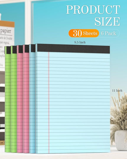 6 Pack Legal Pads 8.5 x 11, Colored Legal Pads Wide Ruled, Colored Note Pads 8.5 x 11, 30 Sheets/Pad Lined Paper Pads, Multicolor Notepads, Easy-Tear Double-Sided Writing Pads for Office, School