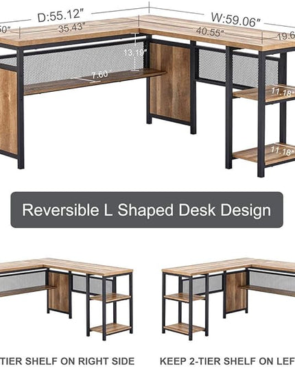 FATORRI L Shaped Computer Desk with Wood Shelves, Industrial Rustic Home Office Corner Desk with Metal Legs (Rustic Oak, 59 Inch)