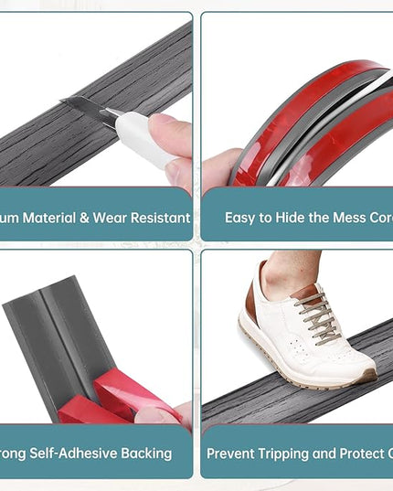 Floor Cord Cover Self Adhesive Cord Hider Floor Extension Cord Covers for Floor Power Cord Protector Cable Management Prevent Cable Trips Cable Cavity 0.51" W x 0.31" H (Deep Grey Wood, 10Ft)