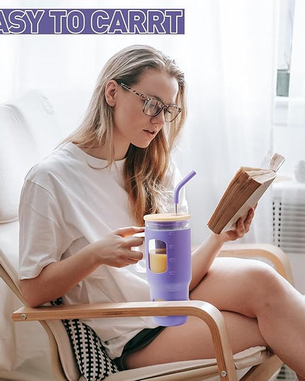 32 oz Glass Tumbler with Straw and Lid, Glass Water Bottles with Time Marker, Silicone Protective Sleeve - Purple