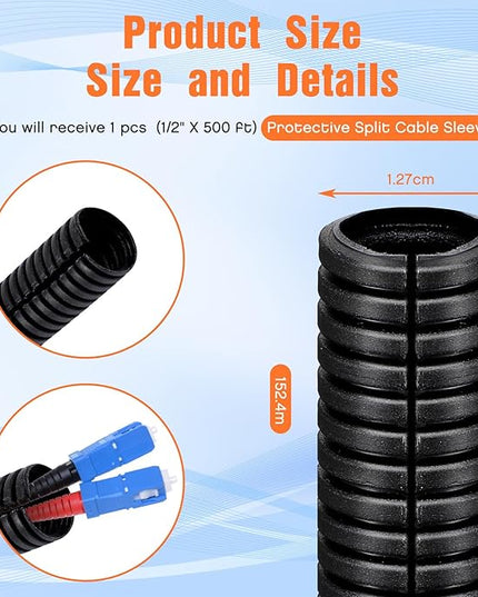 Sasylvia 1/2" X 500 ft Split Wire Loom Cord Protector Tubing Split Conduit Protector Tubing Convoluted Tube Flexible Electrical Wire Cover Protective Sleeves(Black)