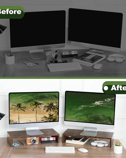 TEAMIX 2 Pack Monitor Stand Riser-20 inch, Wooden Tabletop Shelf for TV/PC/Laptop/Printer, Rustic Brown Monitor Riser with Storage, Computer Stand Ergonomic Design