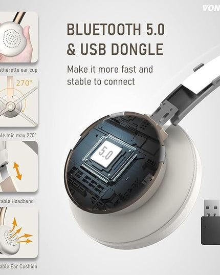 Vonztek Wireless Headset, Trucker Bluetooth Headset with Microphone Noise Canceling & Mute, Bluetooth Headphones with USB Dongle for Cell Phone Computer Call Work Home Office Meetings Teams Skype