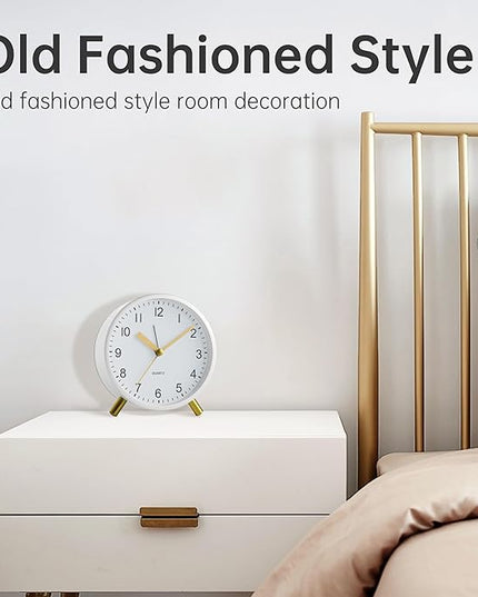 Analog Alarm Clock, 4 inch Super Silent Non Ticking Small Clock with Night Light, Battery Operated, Simple Design, easy setting for Office, Bedroom, Bedside, Desk, teens, elders, kids, adult, White