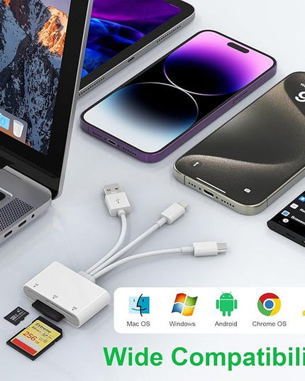 XD Card Reader, SD Card Reader for iPhone, 3 in 1 SD/TF/XD Card Reader Adapter for iPhone/USB C Device, Lightning+USB A+USB C XD Picture Card Adapter for iPhone 16/15/14/iPad/PC/Android