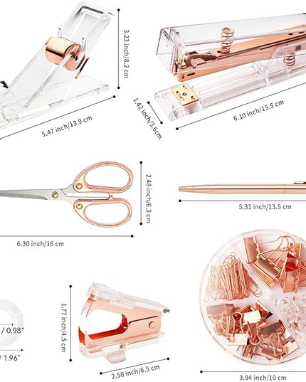 Rose Gold Desk Accessories, Office Supplies Set with Acrylic Stapler, Tape Dispenser, Staple Remover, Pen Holder, Scissor, Binder Paper Clips, 1 Ballpoint Pen, 1 Clear Tape and 1000pcs Staples