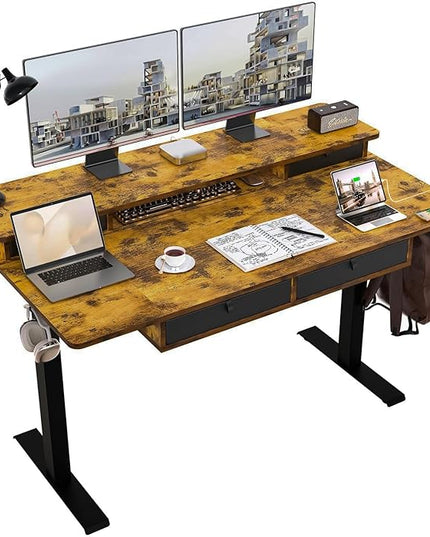 55 * 30 Inches Electric Standing Widened Desk Adjustable Height with 4 Drawers, Double Storage Shelves Stand Up Desk, Home Office Workstation Sit Stand up Desk (Rustic Brown)