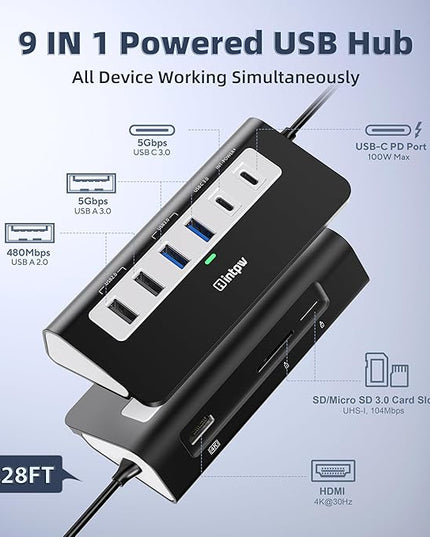 9-in-1 USB-C Docking Station - 4K HDMI, PD 100W, 3 Type A/C 3.0 5Gbps, 2 Type-A 2.0, SD/TF, Aluminum USB C Hub Compatible with MacBook, iPad, iPhone 16/15