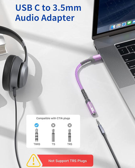 USB Type C to 3.5mm Female Headphone Jack Adapter, JSAUX USB C to Aux Audio Dongle Cable Cord Compatible with iPhone 17 Pro Max/16 Pro/15 Plus, Samsung Galaxy S23/S22/S21 Ultra, iPad Pro, Pixel Purple