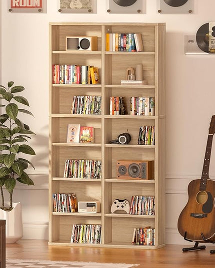 LELELINKY 7 Tier Tall Display Cabinet, Natural Media Storage Cabinet with Adjustable Shelves, Free Standing DVD Organizer Shelf, Floor multimedia storage manga bookshelf for Living Room & Home Office.