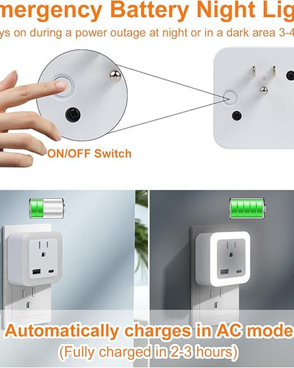 JackonLux Night Lights Plug Into Wall 2 Pack Rechargeable Battery Backup Light Dusk to Dawn Sensor Night Light with Outlet Expander for Adults Kids Bedroom, Kitchen, and Bathroom (Daylight - 5000K)