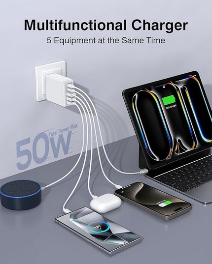 [2-Pack] 50W USB C Wall Charger Block,5-Port Type C Fast Charging Brick Cube Dual PD Power Adapter&QC Multiport Wall Plug Adapter for iPhone 16 15 Pro Max,AirPods 4,iPad,Samsung,Watch10,Ultra2