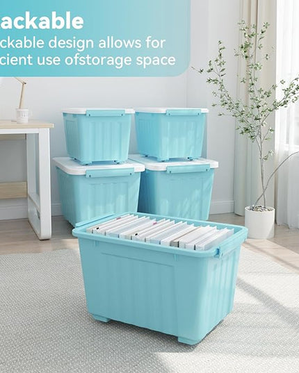 Nazhura 72 Quart Plastic Storage Bin, Stackable and Nestable Storage Boxes with Lids and Secure Latching Buckles, Large Storage Container (Blue, 72Quart-6Pack)