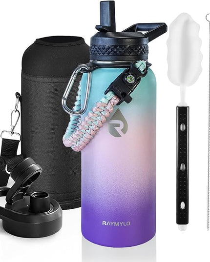 Insulated Water Bottle 32 oz, Triple Wall Vacuum Stainless Steel (Cold for 48 Hrs), Leak Proof & Non-BPA, Modern Water Flask Jug with Paracord Handle & Straw Spout Lids, Hydrangea